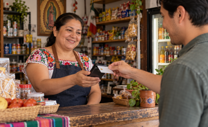 Comerciante de una tienda de barrio recibe un pago con tarjeta mediante su teléfono